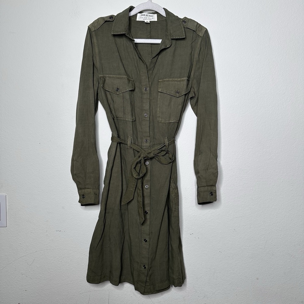 Anthropologie Cloth & Stone Utility Shirt Dress Military Green Boho XS R8300-654